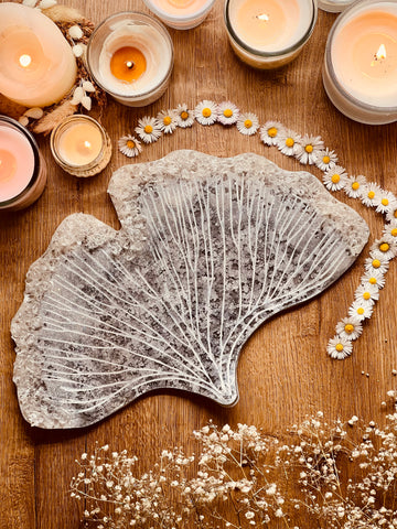 Ginko trays made of resin in gray and white with silver details