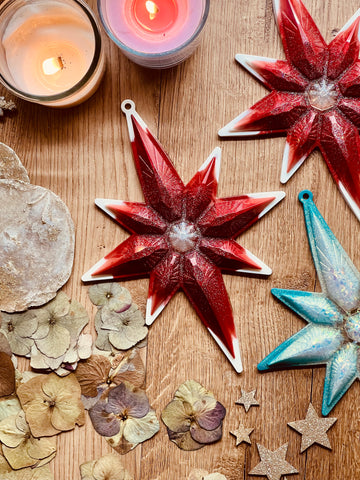 Large resin pendants in red or turquoise with white and silver