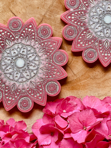 2 mandala resin coasters in pink with silver