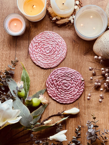 2 pink and pink clay coasters