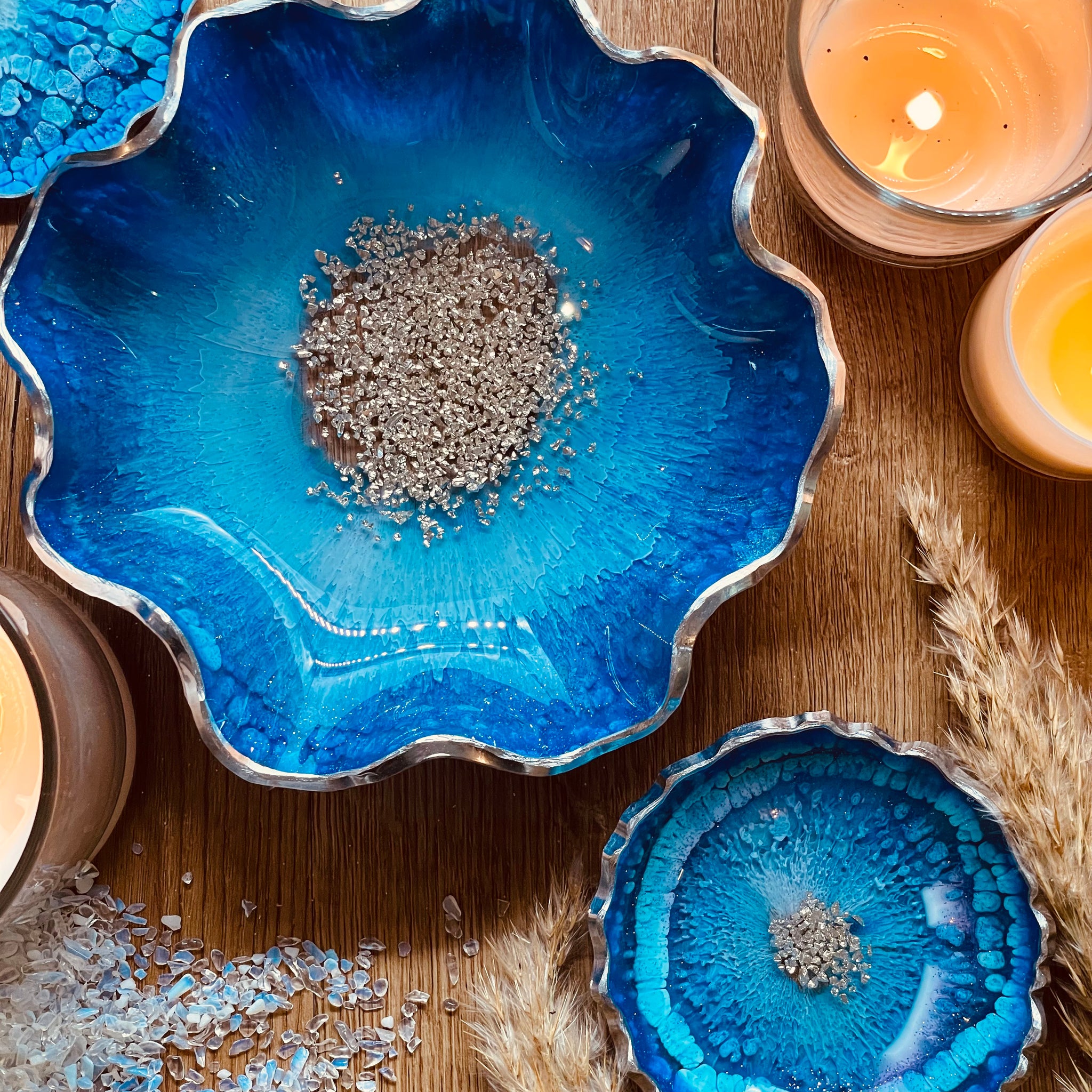 Resin bowls in blue with silver