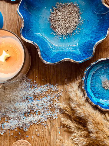 Resin bowls in blue with silver