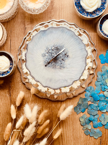 Resin cake stand with dried Lakspur and Celosia flowers with silver