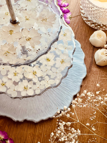 Resin cake stand with dried Lakspur flowers with silver