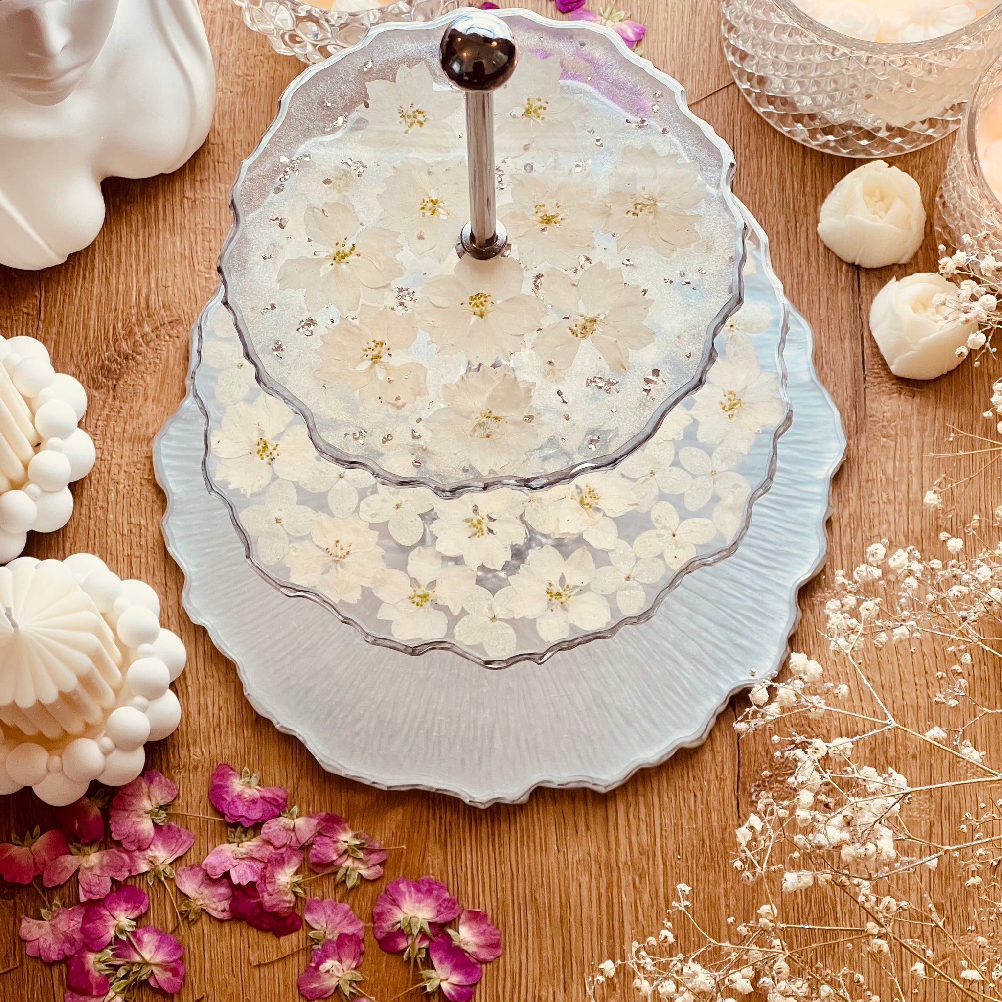 Resin cake stand with dried Lakspur flowers with silver